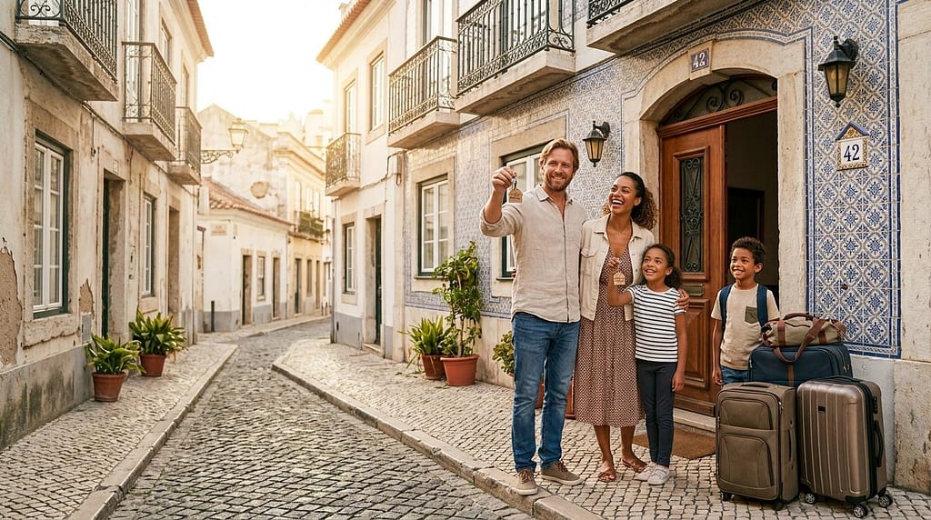 Mudarse a Portugal: familia feliz con maletas frente a su nueva casa en una calle tradicional de Lisboa