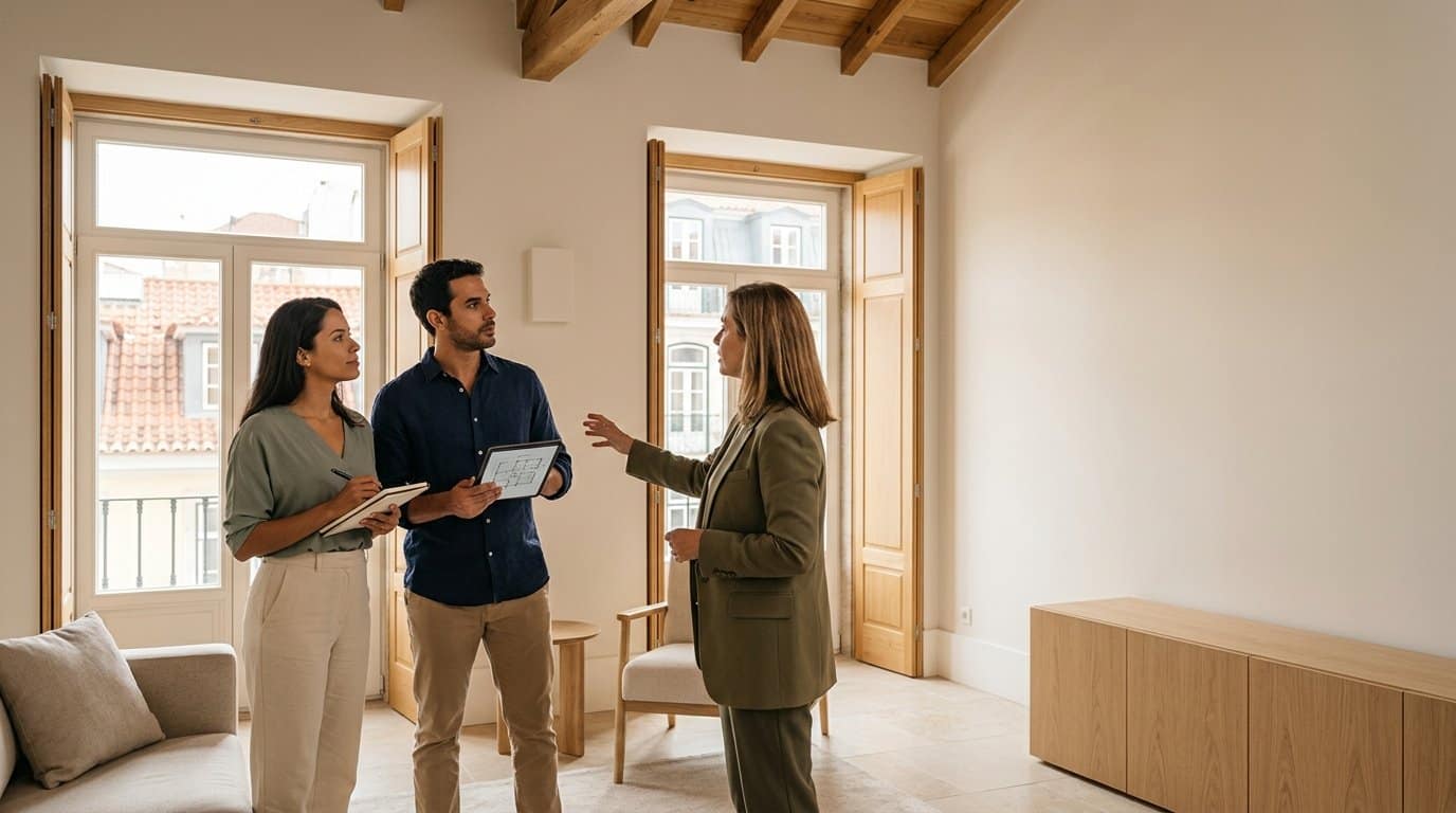 Agente inmobiliaria mostrando un apartamento vacío a una pareja en Lisboa