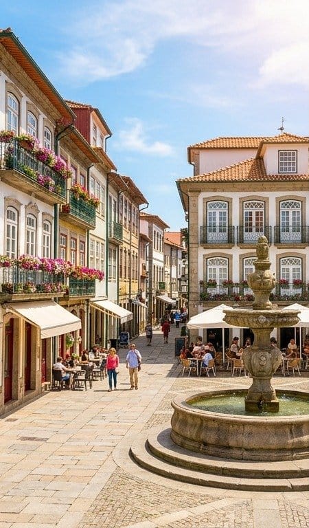 Vivir en Braga: plaza con fuente y terrazas en el centro histórico