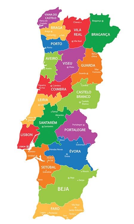 Mapa de Portugal con sus regiones y distritos para elegir dónde vivir