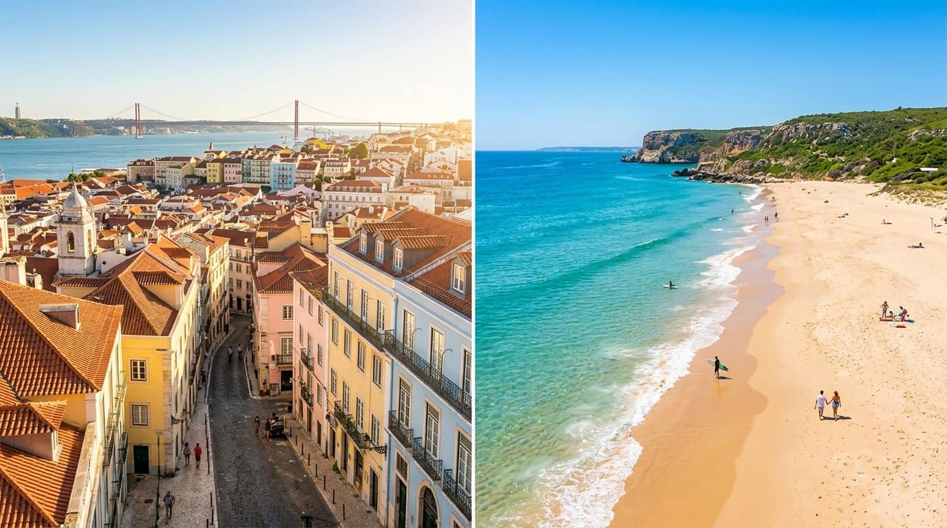 Vivir en Lisboa y la Margem Sul: Lisboa con el puente 25 de Abril y una playa de la Margem Sul